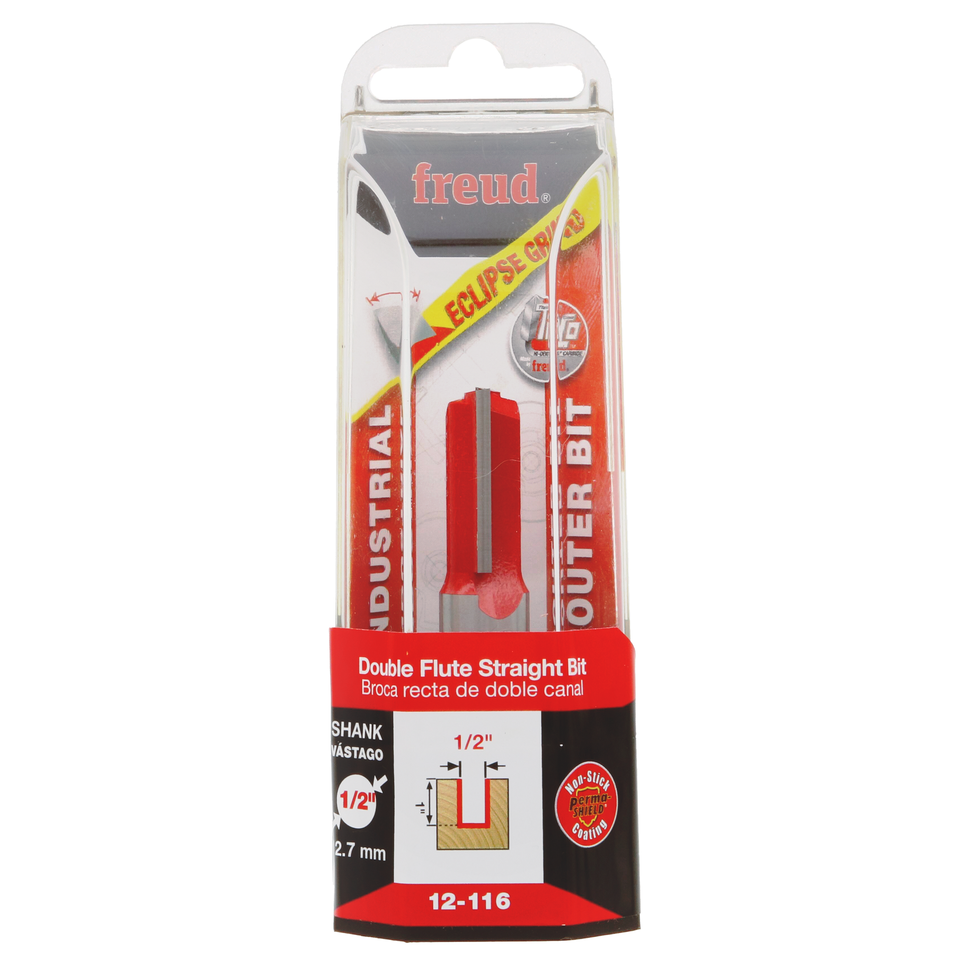 Freud 12-116 router bit with 1/2" diameter double flute straight cutting head in red packaging.