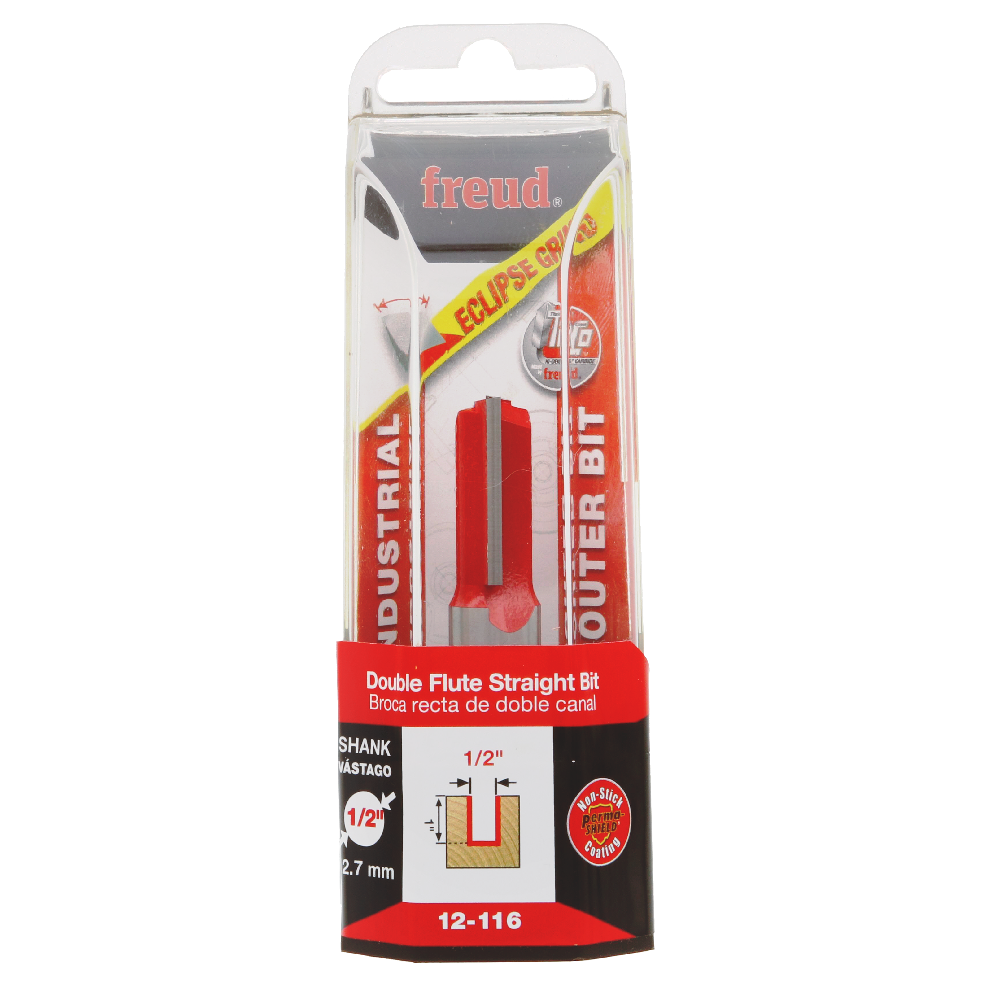 Freud 12-116 router bit with 1/2" diameter double flute straight cutting head in red packaging.