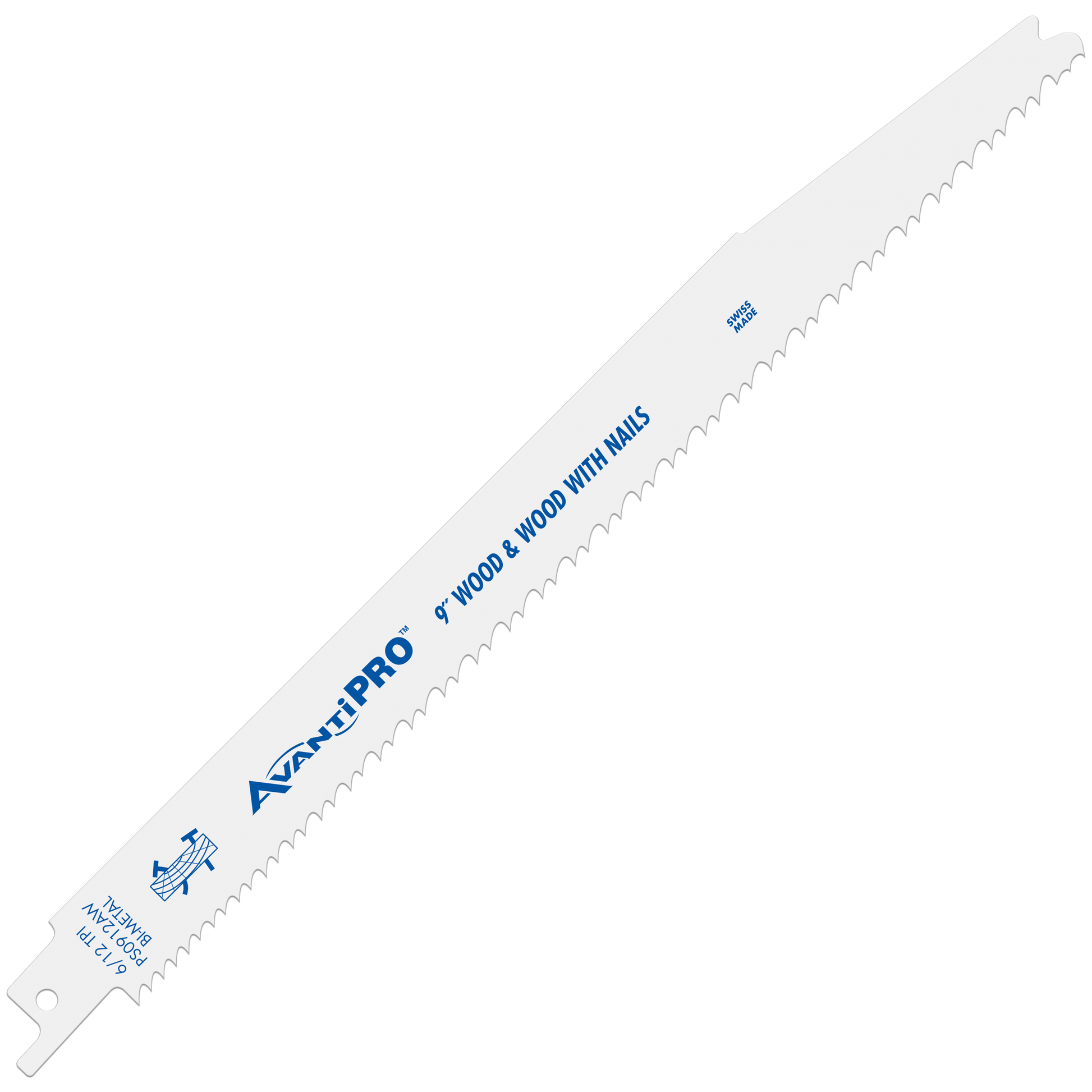 AvantiPro 9" bi-metal reciprocating saw blade with serrated cutting edge, labeled for wood and wood with nails.