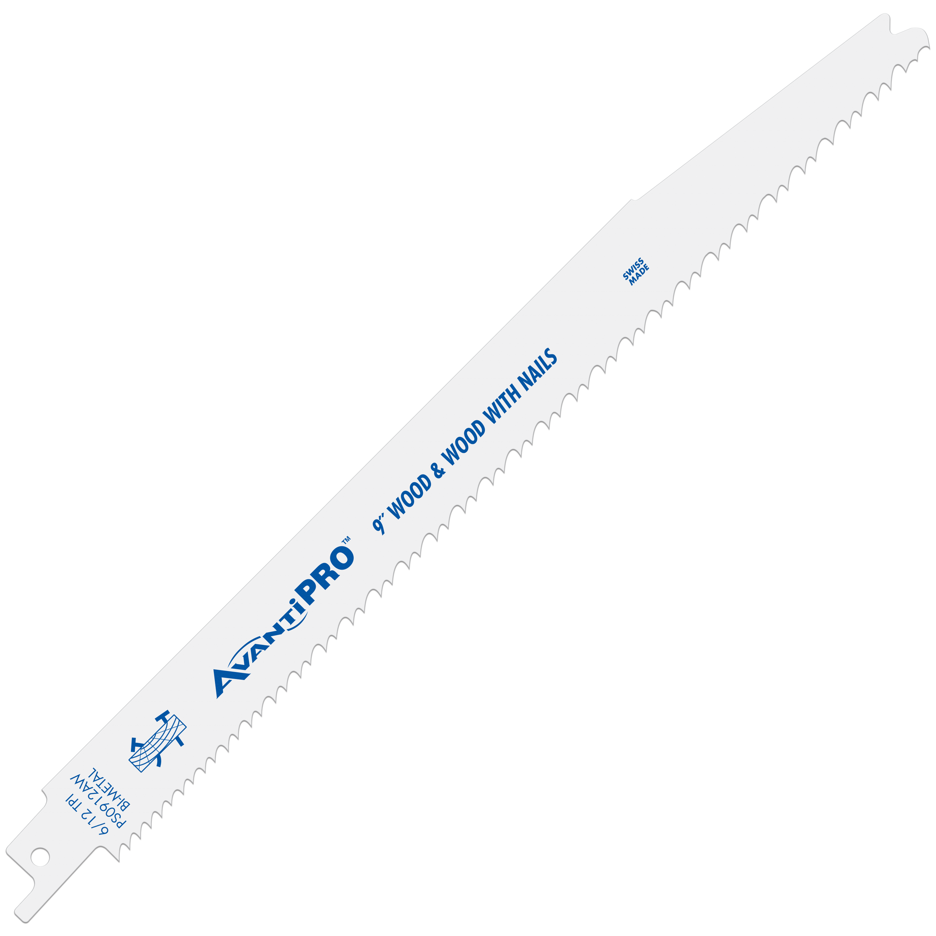 AvantiPro 9" bi-metal reciprocating saw blade with serrated cutting edge, labeled for wood and wood with nails.