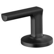 Matte black lever handle with cylindrical grip and round base for widespread lavatory faucet installation.