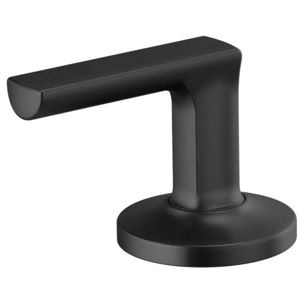 Matte black lever handle with cylindrical grip and round base for widespread lavatory faucet installation.