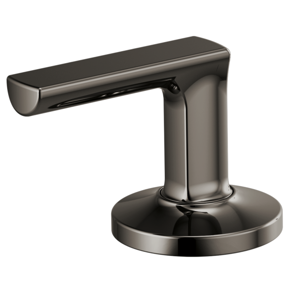 Polished chrome lever handle with cylindrical base and horizontal arm for widespread lavatory faucet.