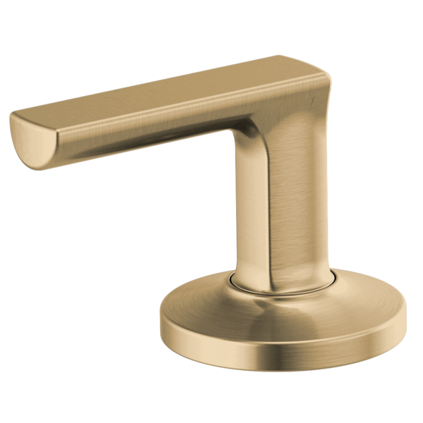 Brushed gold lever handle with rounded cylindrical design and circular base for bathroom faucet installation.
