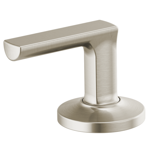 Brushed nickel lever handle with cylindrical vertical stem and circular base for widespread lavatory faucet.