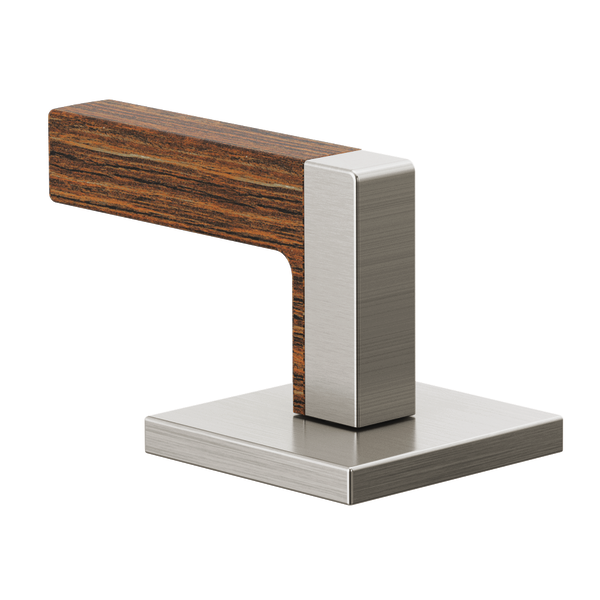 Brushed nickel and wood-grain lavatory lever handle with square base and horizontal wooden arm.