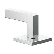 Chrome and white rectangular lever handle with geometric design for widespread lavatory faucet installation.