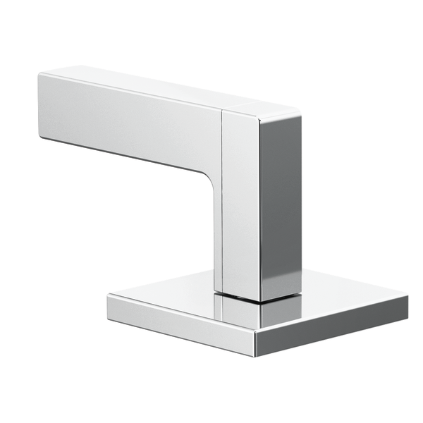 Chrome and white rectangular lever handle with geometric design for widespread lavatory faucet installation.