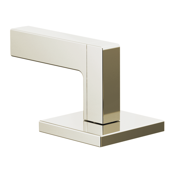 Two-tone polished nickel and brass widespread lavatory lever handle with geometric base and vertical post design.