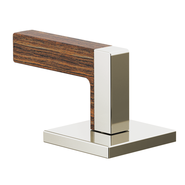 Chrome and wood-grain lever handle with rectangular base for widespread lavatory faucet installation.