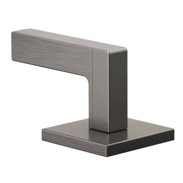 Brushed nickel lever handle with rectangular geometric design and square base.