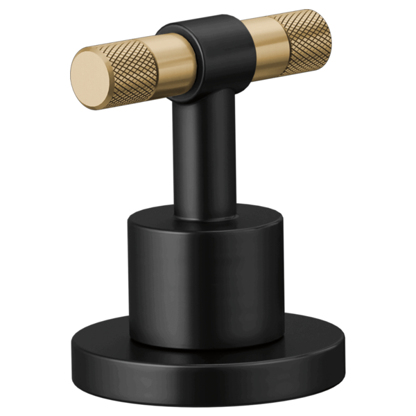 Matte black and luxe gold T-lever handle kit with textured grip ends on round base.
