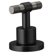 Matte black and brushed steel T-lever handle kit with textured grip ends and circular base mount.