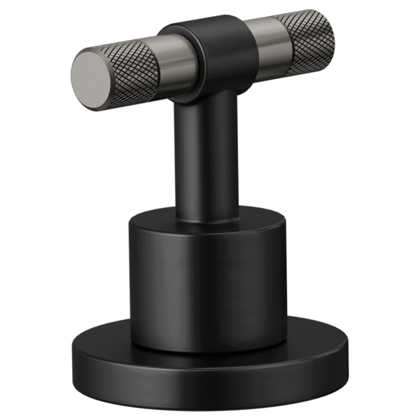 Matte black and brushed steel T-lever handle kit with textured grip ends and circular base mount.