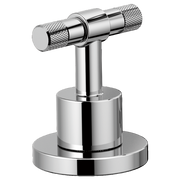 Chrome T-lever handle with crosshatch knurled grips and cylindrical base for widespread lavatory faucet installation.