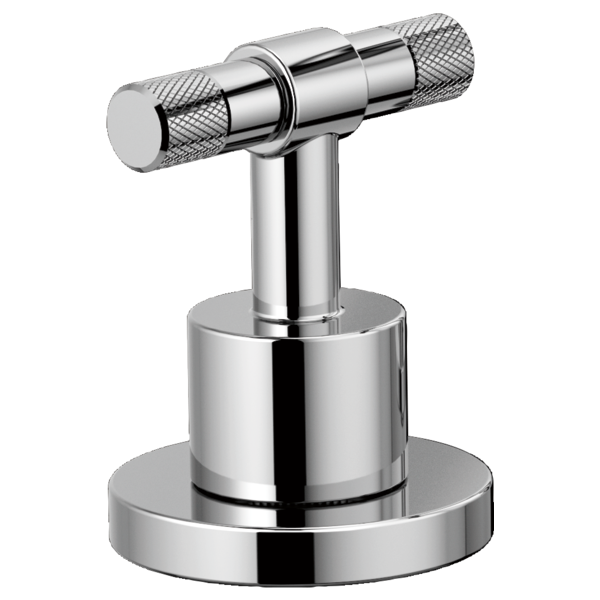 Chrome T-lever handle with crosshatch knurled grips and cylindrical base for widespread lavatory faucet installation.