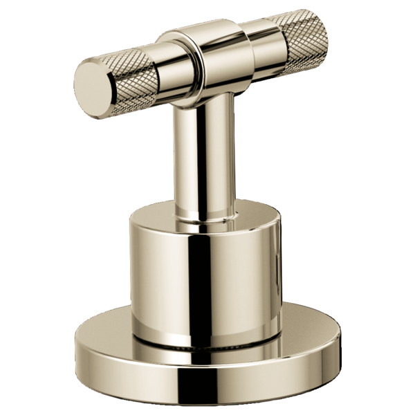 Polished nickel T-lever handle with knurled grip ends mounted on cylindrical base.