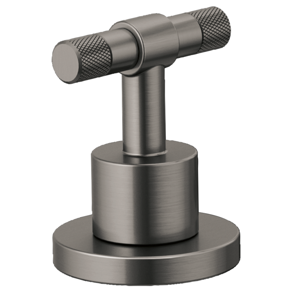 Brushed nickel T-lever handle with knurled grip ends mounted on cylindrical base with circular deck plate.