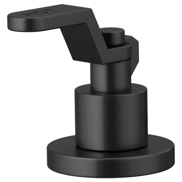 Matte black faucet handle kit with industrial-style lever and circular base, mounted on cylindrical body.
