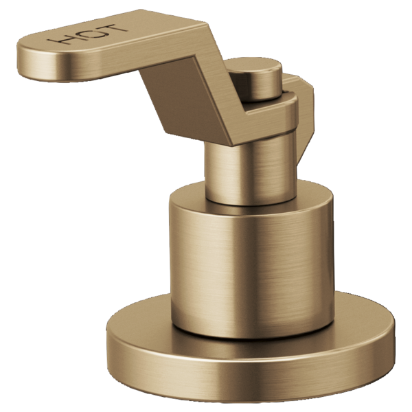 Champagne bronze widespread lavatory faucet with industrial lever handle and cylindrical spout.