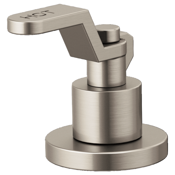 Brushed nickel widespread lavatory faucet handle with cylindrical body and angular lever arm on circular base.