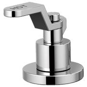 Chrome widespread lavatory faucet with industrial-style lever handle and cylindrical spout.