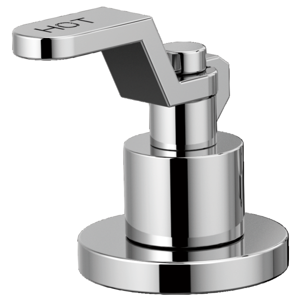 Chrome widespread lavatory faucet with industrial-style lever handle and cylindrical spout.