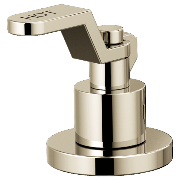 Polished nickel widespread lavatory faucet with industrial lever handles and cylindrical body.