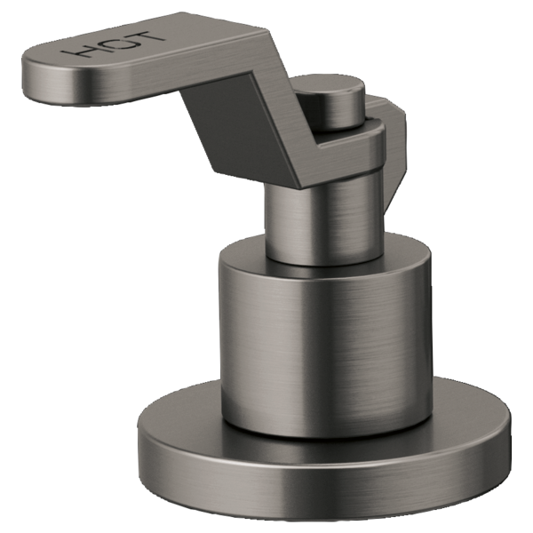 Brushed stainless steel widespread faucet handle kit with industrial lever design and circular base.