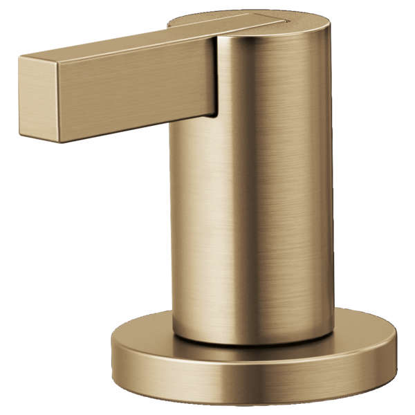 Brushed gold faucet handle kit with cylindrical body and extended lever arm on round base.