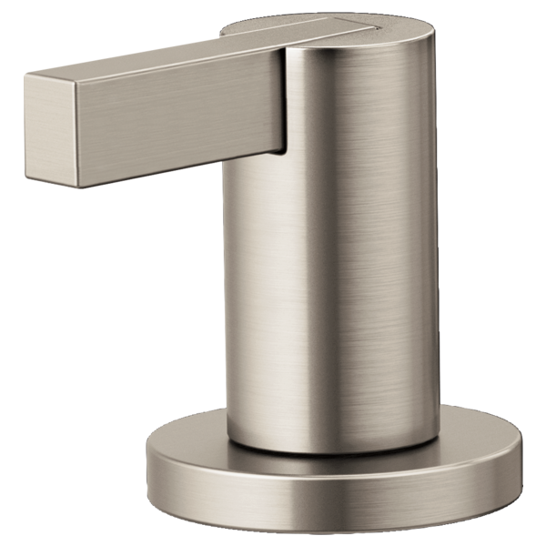 Brushed nickel widespread lavatory faucet handle kit with cylindrical spout and extended lever handle.
