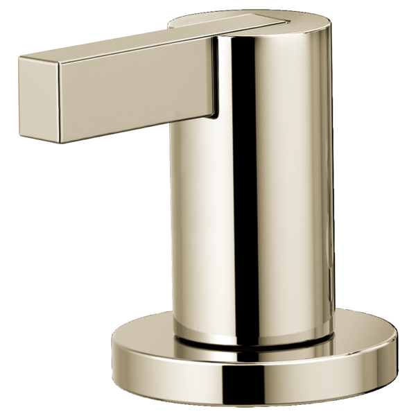 Polished nickel faucet handle kit with cylindrical spout body and extended rectangular lever handle on round base.
