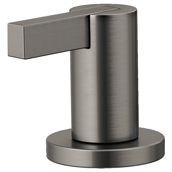 Brushed nickel faucet handle with cylindrical body and extended rectangular lever on round base.