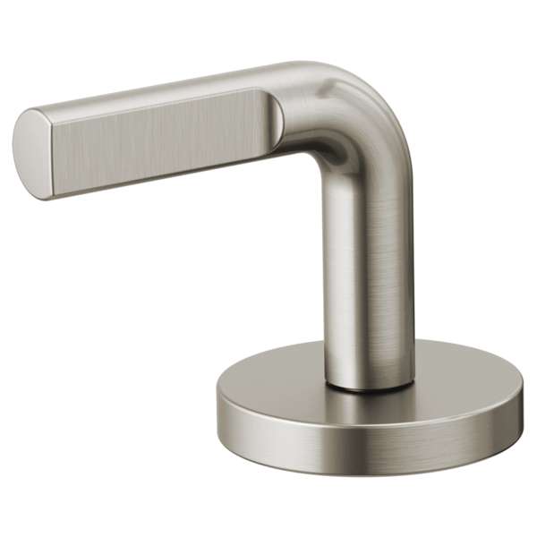 Brushed nickel widespread lavatory faucet handle with notch lever and circular mounting base.