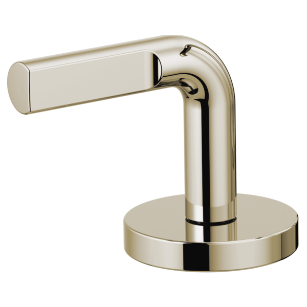 Brushed nickel lavatory faucet handle with notch lever and round base mounting plate.