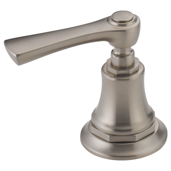 Brushed nickel lever handle with bell-shaped base and cylindrical body for widespread lavatory faucet.