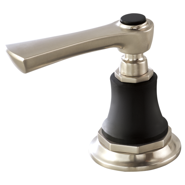 Brizo Rook lever handle with brushed nickel finish, black accents, and round base for lavatory faucet.