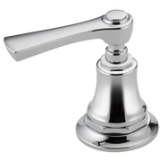 Chrome lavatory faucet lever handle with bell-shaped base and elongated spout.