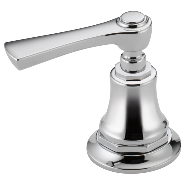 Chrome lavatory faucet lever handle with bell-shaped base and elongated spout.