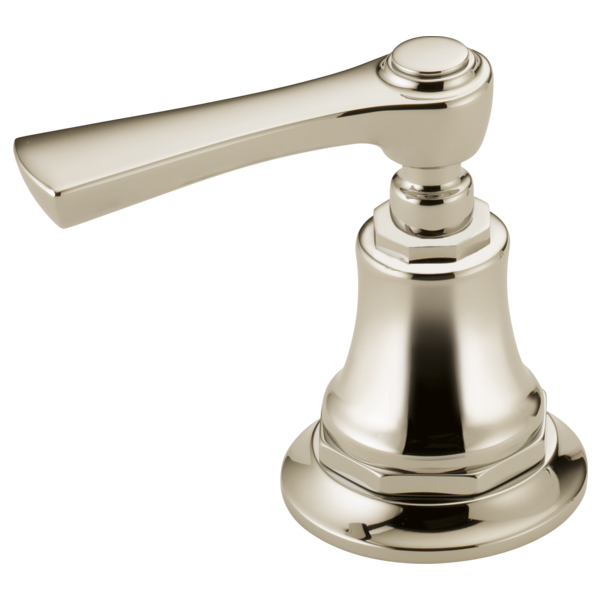 Polished nickel lever handle faucet with bell-shaped base and elongated spout.