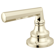 Polished nickel lever handle kit with bell-shaped base and horizontal handle arm for widespread lavatory faucet.