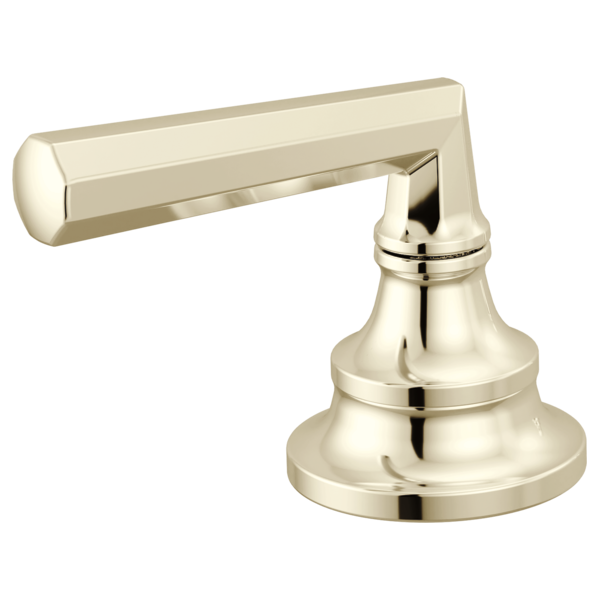 Polished nickel lever handle kit with bell-shaped base and horizontal handle arm for widespread lavatory faucet.