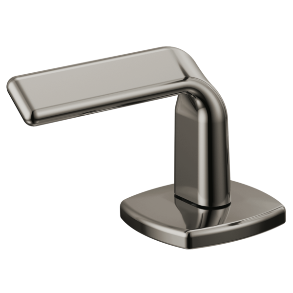 Brushed nickel twist lever handle with rectangular backplate and square base for sink faucet installation.