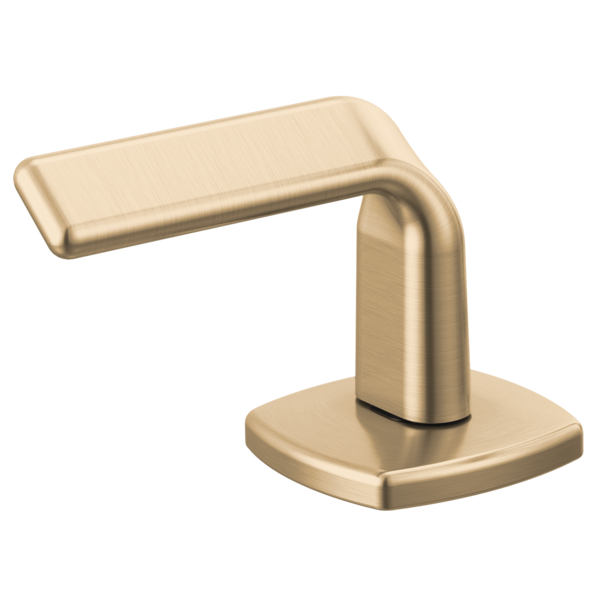 Champagne-colored twist lever handle with curved spout and square base mount for bathroom faucet.