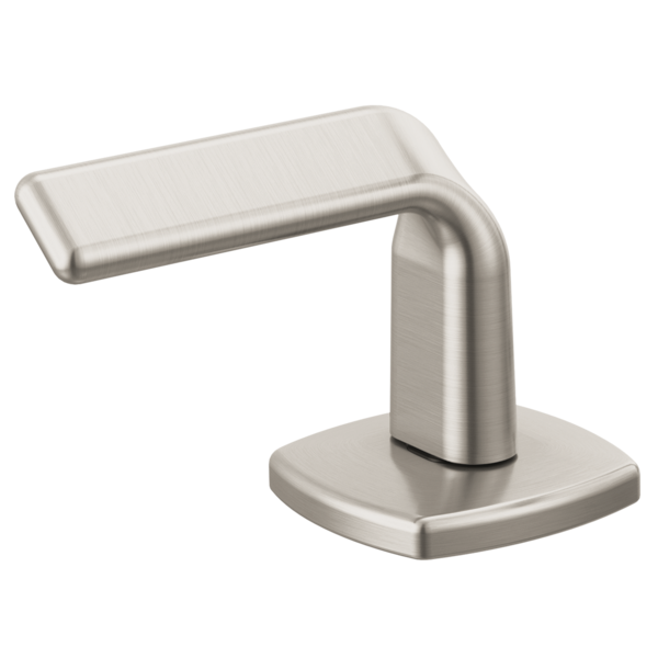 Brushed nickel lever handle with curved arm mounted on square base for widespread faucet installation.