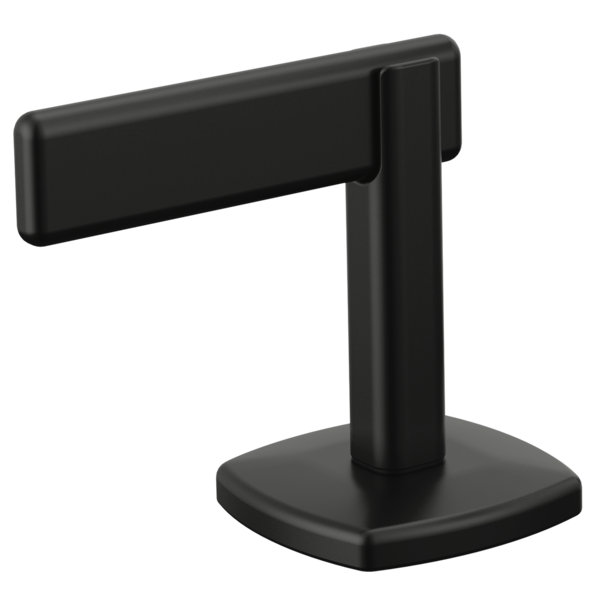 Black metal lever handle with rounded rectangular shape mounted on square base.