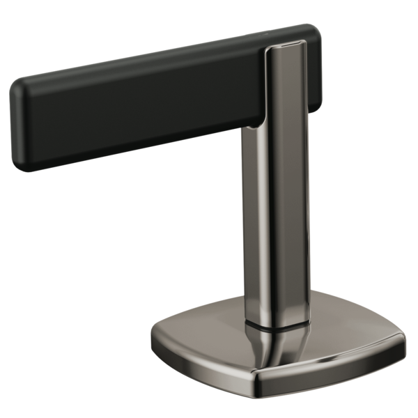 Brushed nickel faucet lever handle with black grip and square base mount.