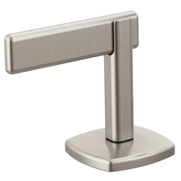 Brushed nickel widespread lavatory faucet lever handle with square base and horizontal arm.