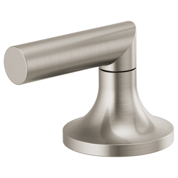 Brushed nickel lever handle with cylindrical shaft and circular base for widespread bathroom faucet.