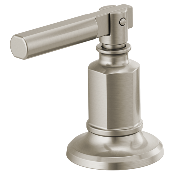 Brushed nickel widespread lavatory faucet lever handle with cylindrical spout and round base.